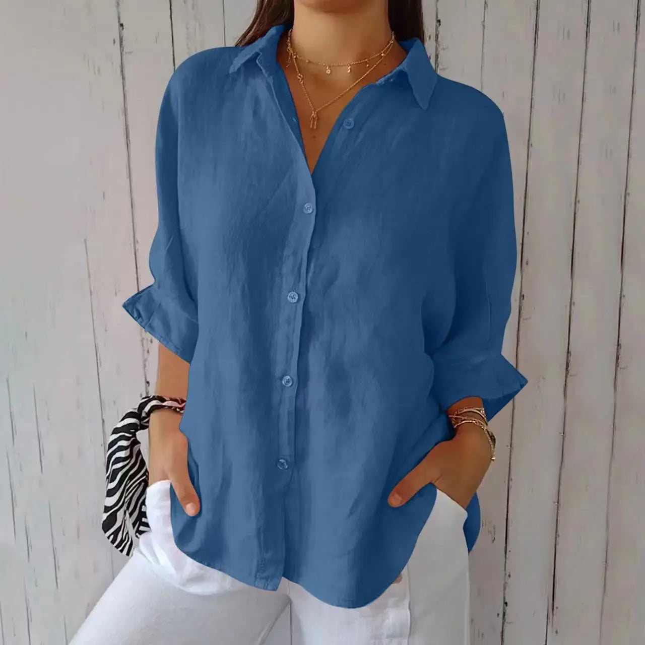 Women's Cotton Linen Button-Up Shirt - Casual Loose Fit Blouse for Summer