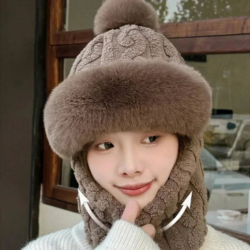 Women's Winter Pom Pom Beanie Hat Scarf Mask - One-Piece Fleece Bonnet