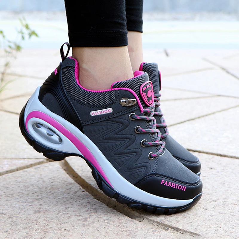 Women's Air Cushion Platform Sneakers - Waterproof Breathable Outdoor Athletic Shoes - Comfortable Lace-Up Hiking Sneakers