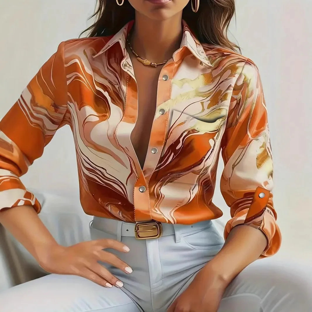 Women's Nowsaa Abstract Print Button-Down Blouse — Long Sleeve Turn-Down Collar Casual Office Top | Vintage Broadcloth Shirt for Spring & Summer