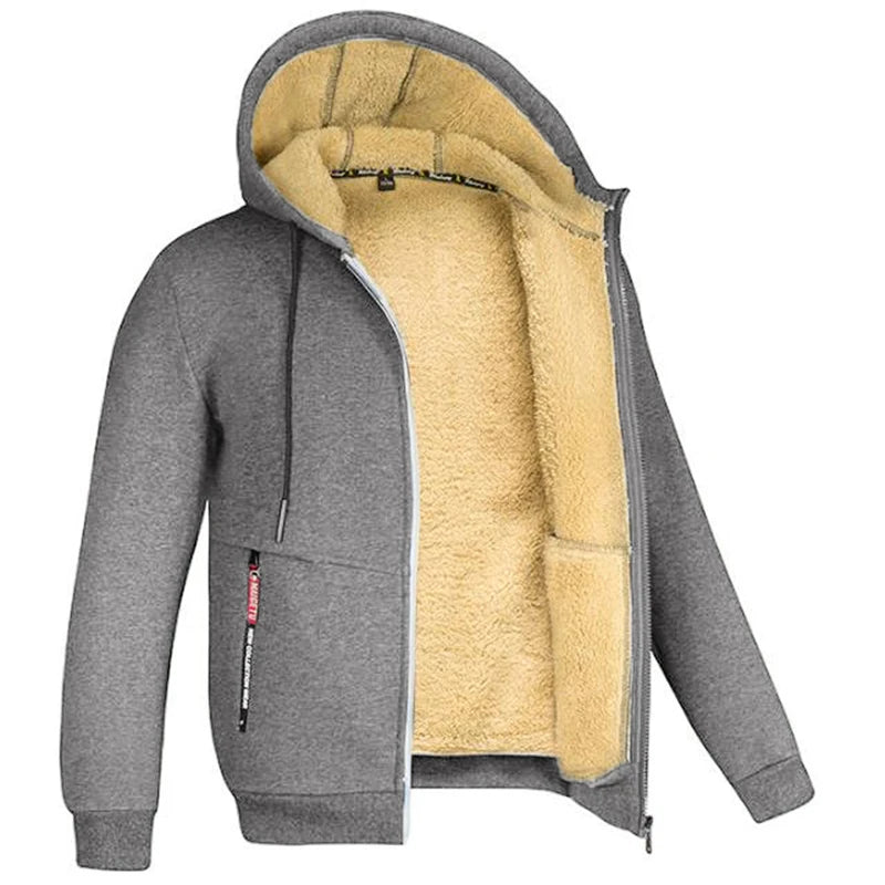 Men's Cashmere Plush Lined Sweatshirt Coat - Warm Zipper Lamb Wool Jacket with Front Pockets