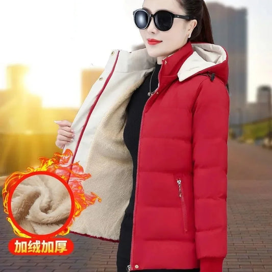 Women's Velvet Cotton Padded Winter Jacket 2025 - Detachable Hood Warm Parka Coat"