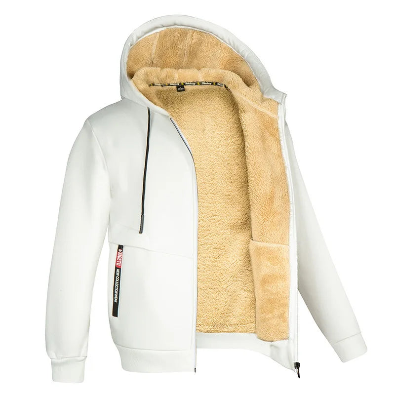Men's Cashmere Plush Lined Sweatshirt Coat - Warm Zipper Lamb Wool Jacket with Front Pockets