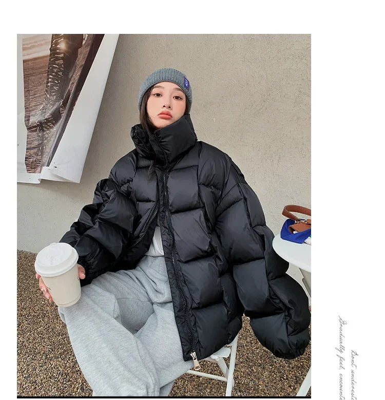 Women's Oversized Puffer Jacket - Warm Cotton Filled Winter Coat with Stand Collar