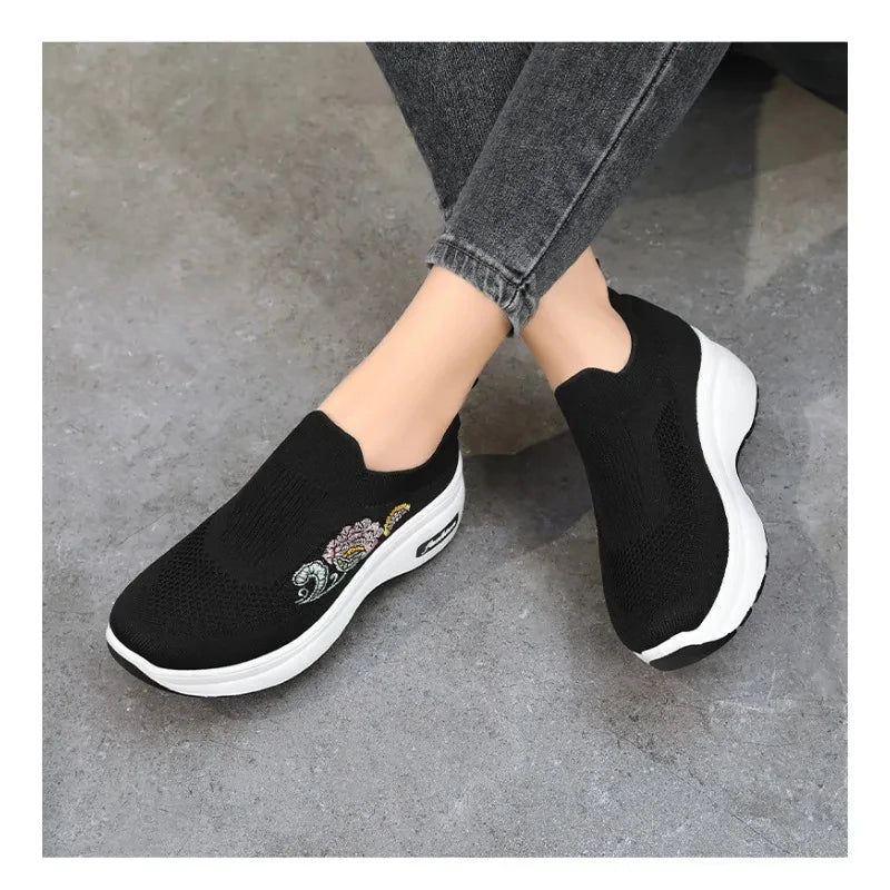Women's Floral Embroidered Platform Slip-On Sneakers – Lightweight Mesh Walking Shoes with Cushioned Sole