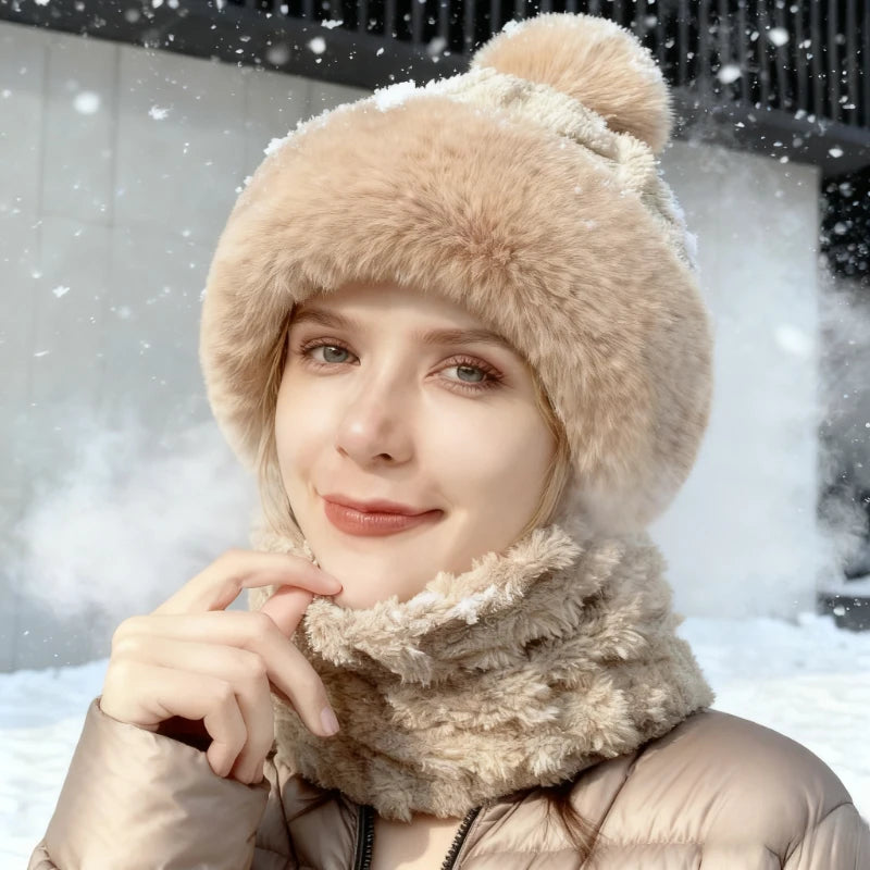 Women's Winter Pom Pom Beanie Hat Scarf Mask - One-Piece Fleece Bonnet
