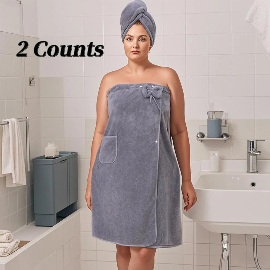 Women's Plus Size Bath Wrap Set (80-110KG) - Soft Microfiber Towel & Hair Cap, 2-Piece