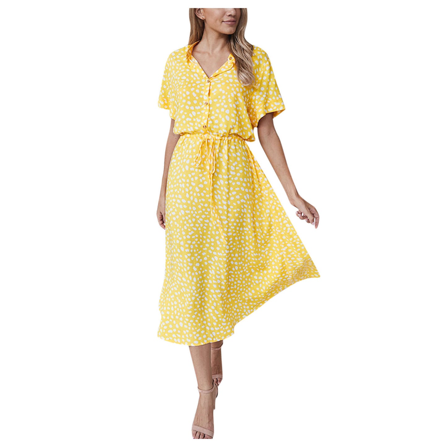 Women's Polka Dot Midi Dress – Slim Fit A-Line Casual Summer Dress with Drawstring Waist