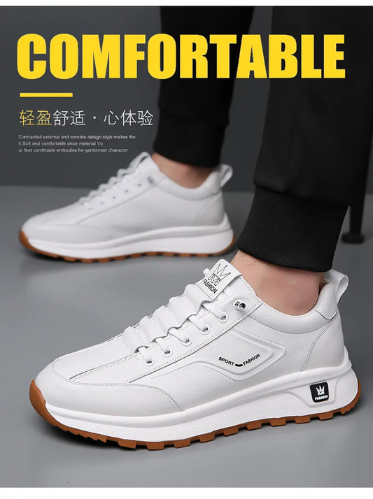 Men's Doefhom Genuine Cow Leather Sneakers — Lace-Up Casual Sport Shoes | Waterproof Outdoor Street Style Trainers for Spring & Autumn
