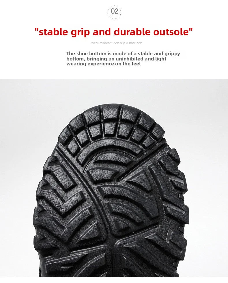 Close-up shows the durable, non-slip rubber outsole of a hiking shoe, emphasizing its stable grip.
