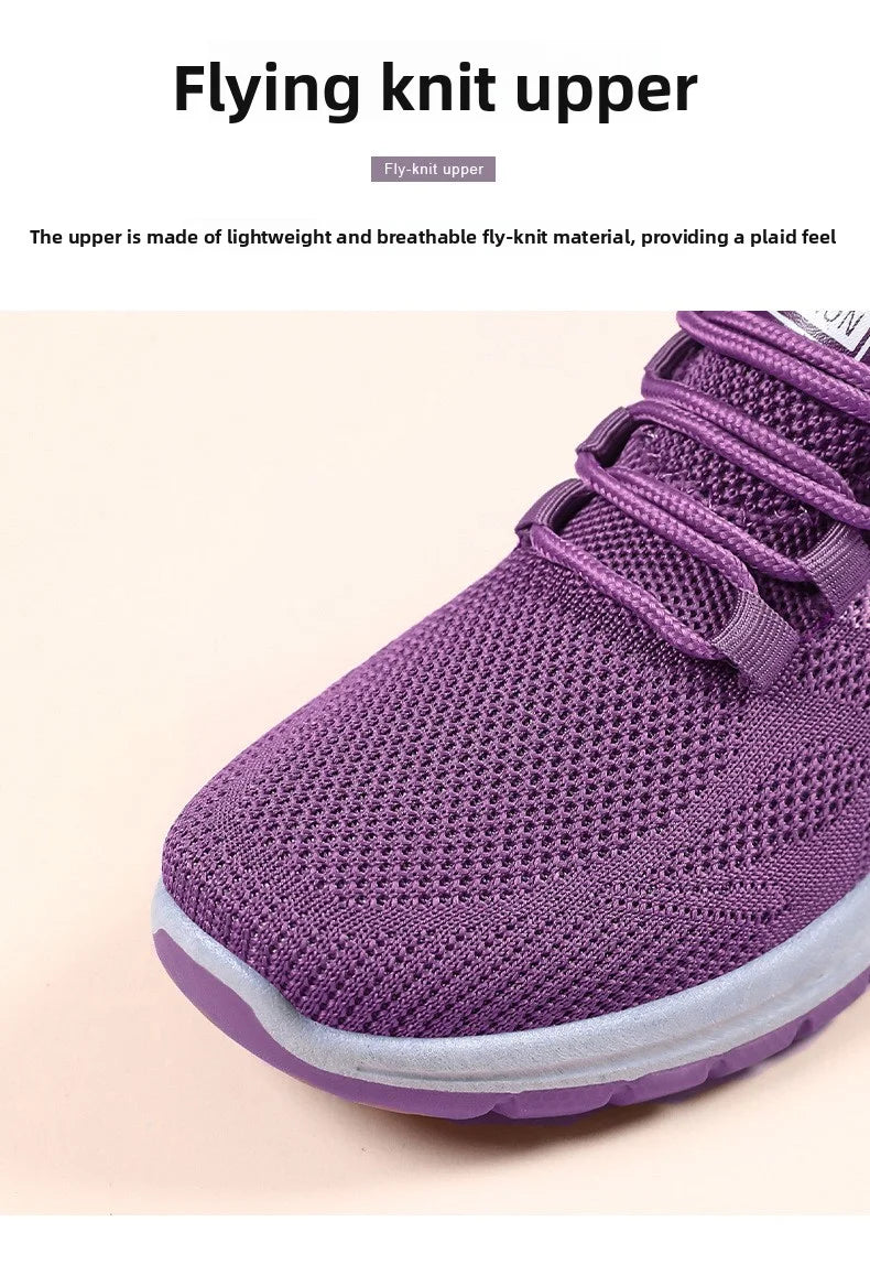 A purple running shoe displays its lightweight, breathable fly-knit upper and intricate lacing system.
