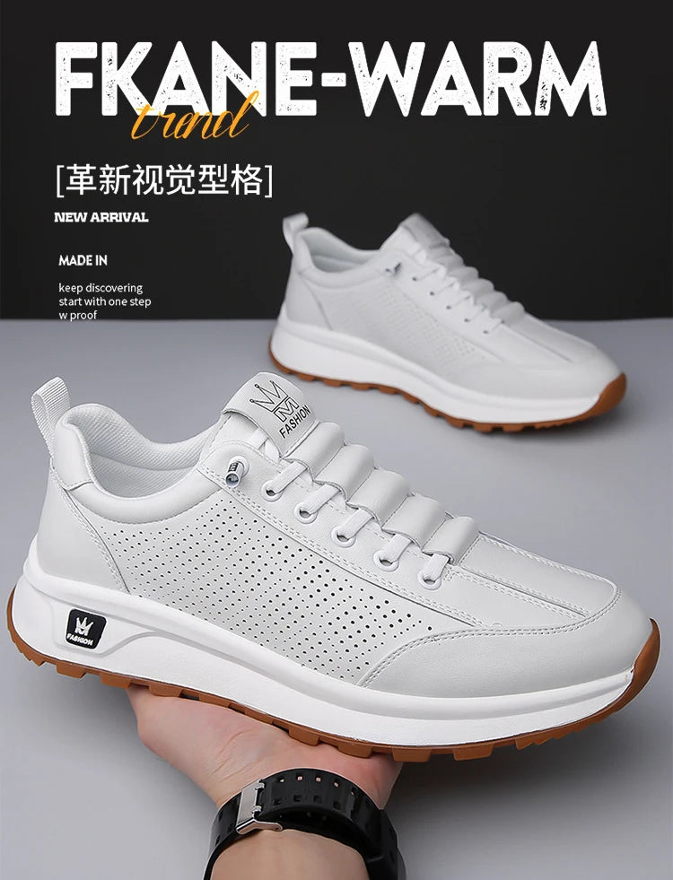 Men's Doefhom Genuine Cow Leather Sneakers — Lace-Up Casual Sport Shoes | Waterproof Outdoor Street Style Trainers for Spring & Autumn