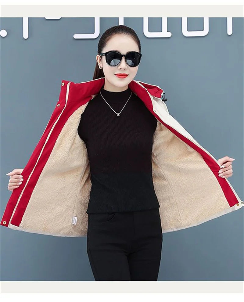 Women's Velvet Cotton Padded Winter Jacket 2025 - Detachable Hood Warm Parka Coat"