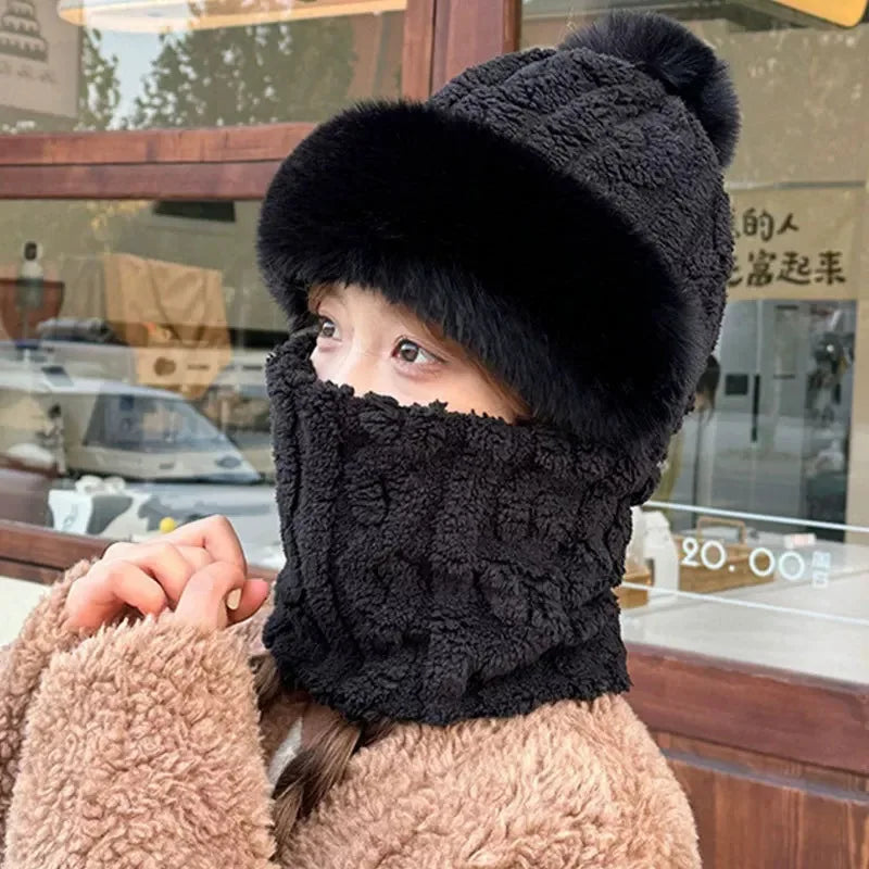 Women's Winter Pom Pom Beanie Hat Scarf Mask - One-Piece Fleece Bonnet