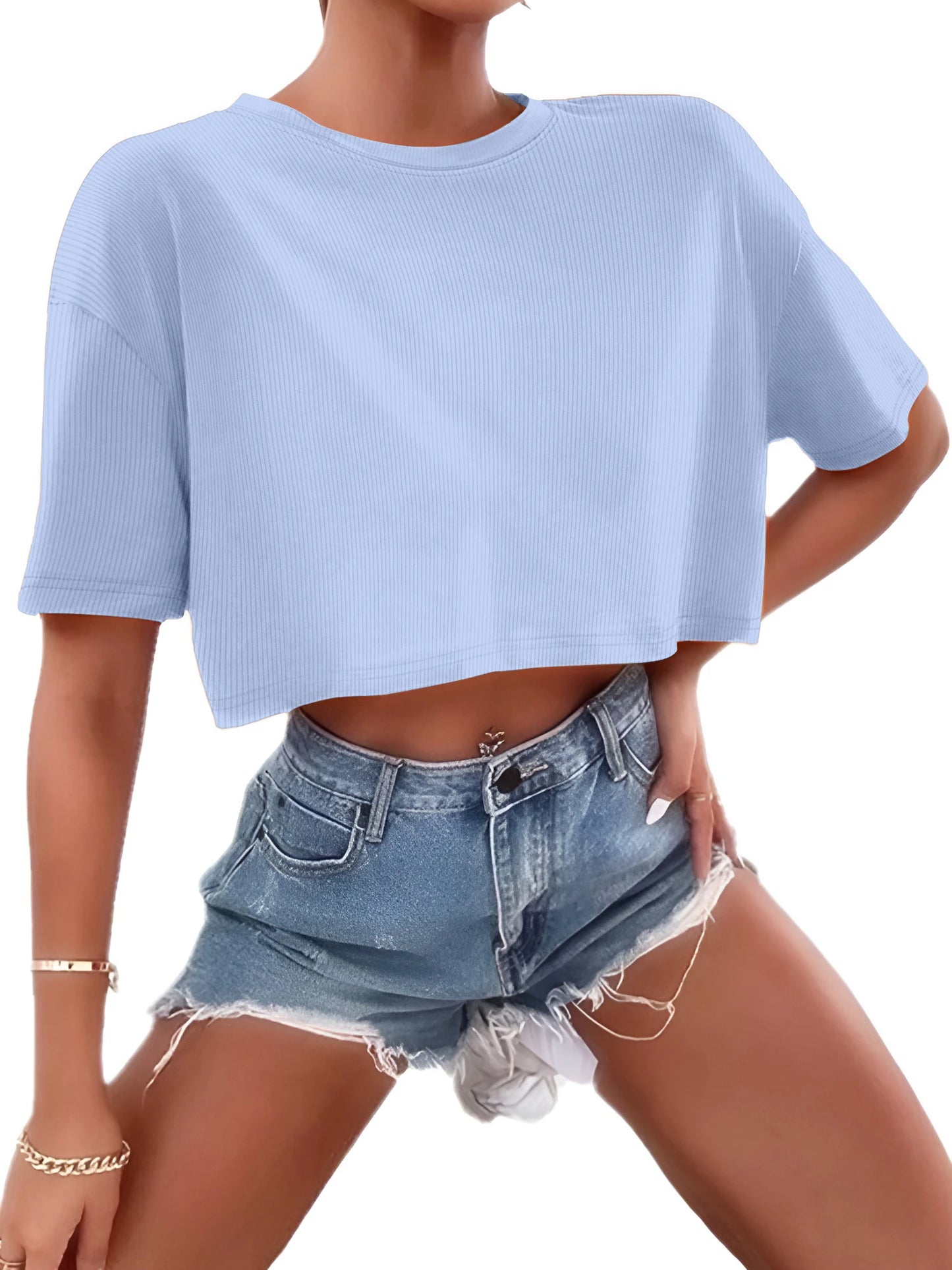 Women's Ribbed Crop Top | Short Sleeve Stretch Tee | Y2K Casual Summer Streetwear
