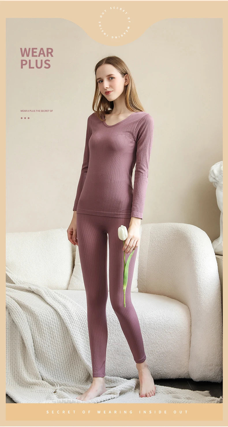 Women's Cozy Chic: Sexy Thermal Long Johns Set Featuring Shaping & Middle Collar