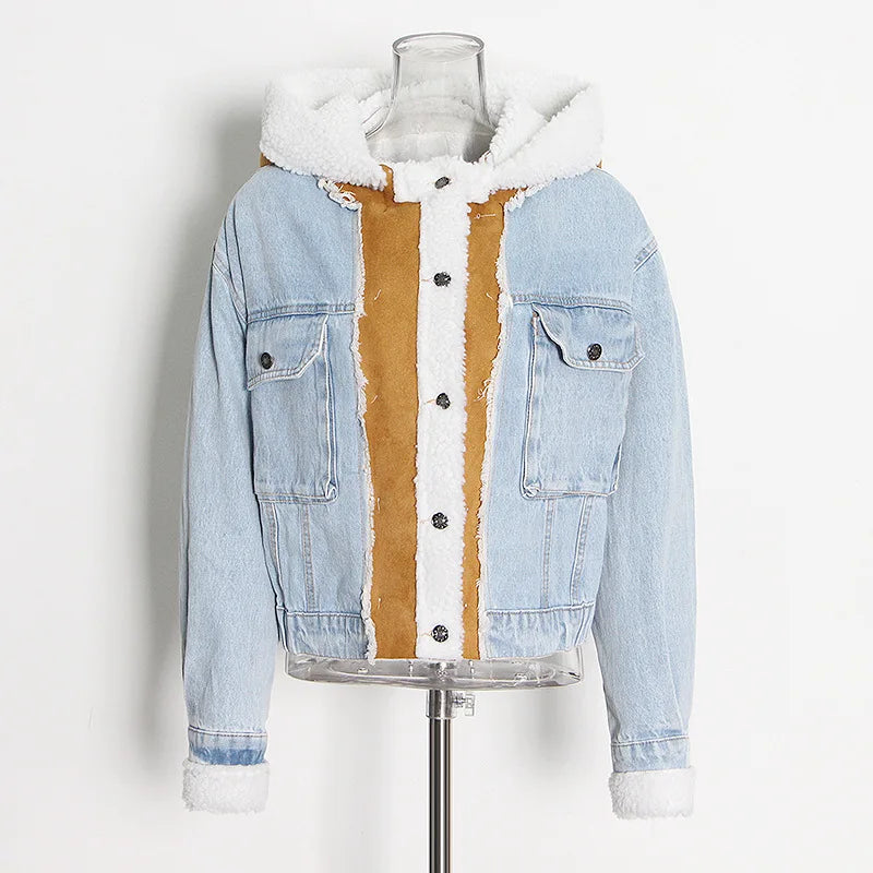 Women's Winter Denim Spliced Hooded Lamb Wool Jacket for Women-Thick Cotton Outwear with Double Pockets & Single-Breasted Closure.