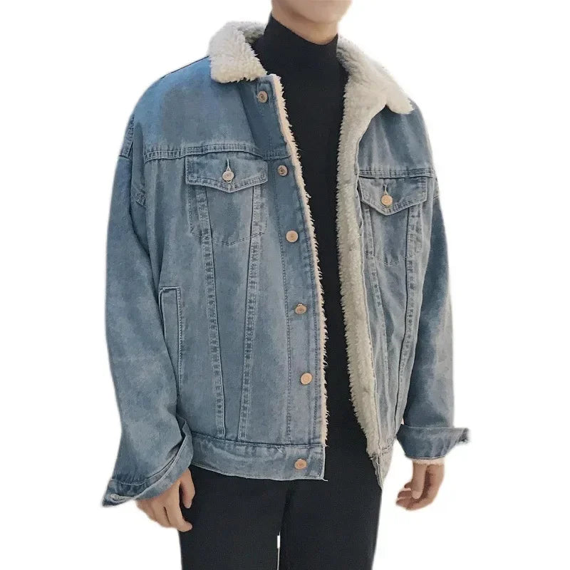 Men's Trendy Winter Denim Jacket - Thickened Lamb Wool Casual Coat.