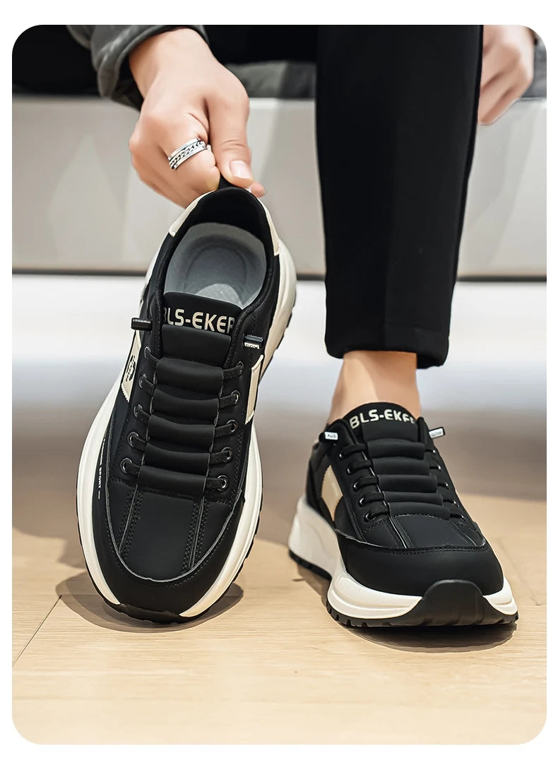 Men's Bonded Leather Lace-Up Casual Sneakers – Breathable Comfort, Non-Slip Rubber Outsole | Fashion Running Style | Black, Beige & Grey | Spring/Autumn