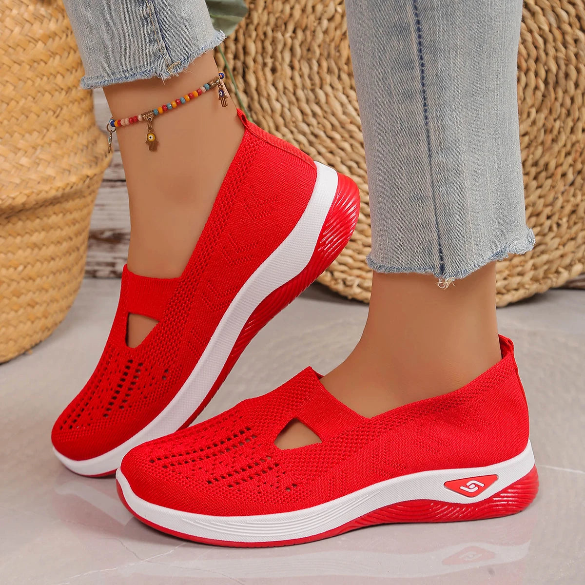 Women's Breathable Mesh Slip-On Sneakers – Lightweight Casual Walking Shoes with Soft Sole & Cutout Design