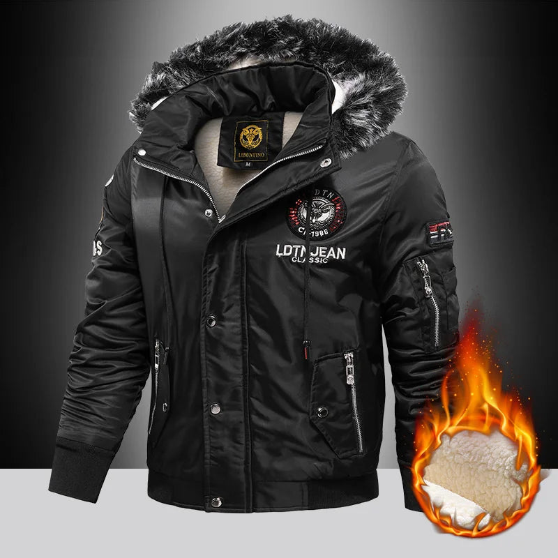 Men's Raw Edge Hooded Aviator Jacket - Winter Warmth with Embroidered Style.