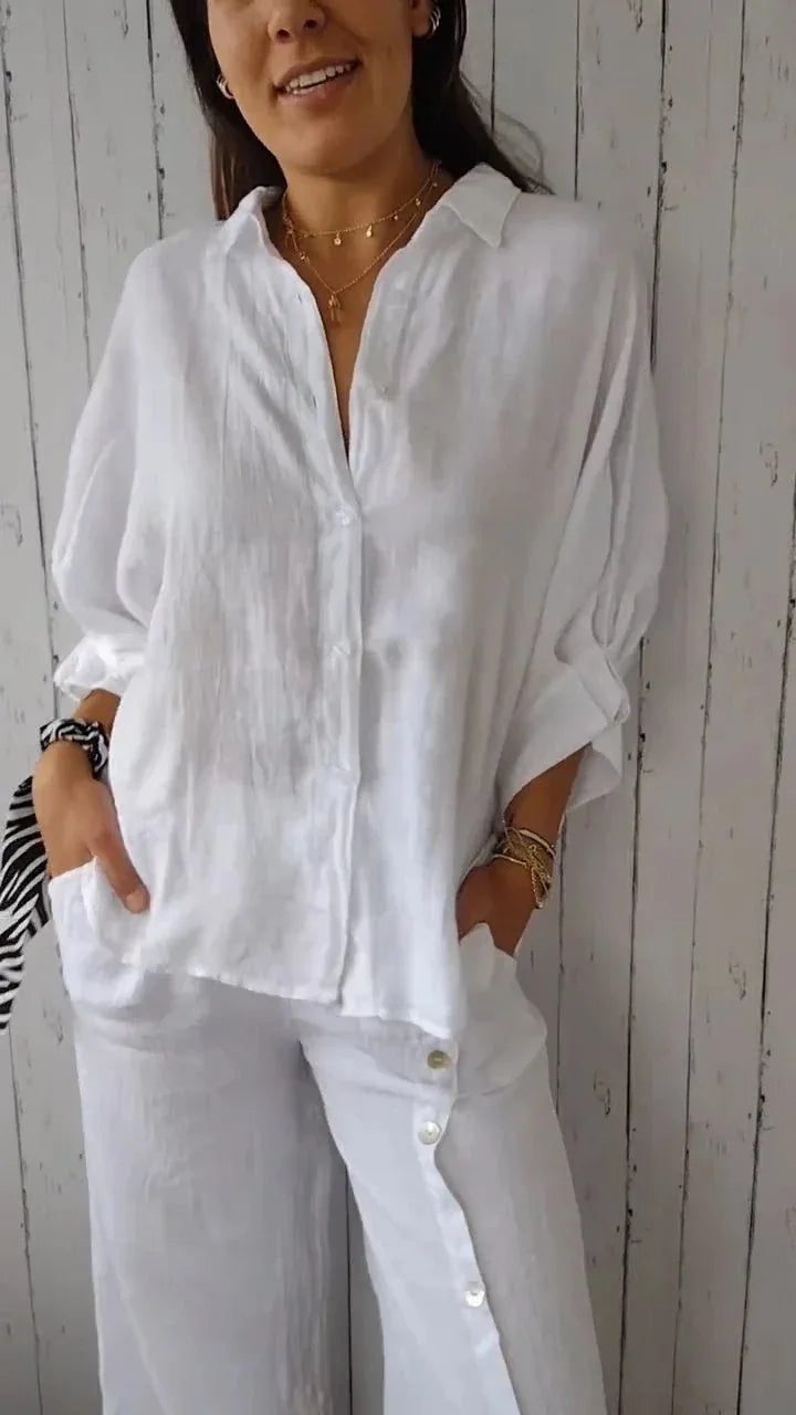 Women's Cotton Linen Button-Up Shirt - Casual Loose Fit Blouse for Summer