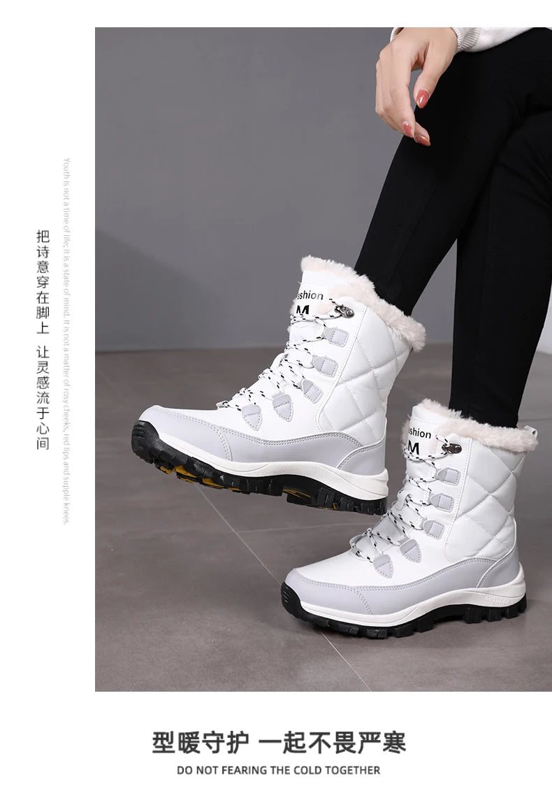 Women's Plush-Lined Waterproof Snow Boots - High-Top Winter Hiking Ankle Boots