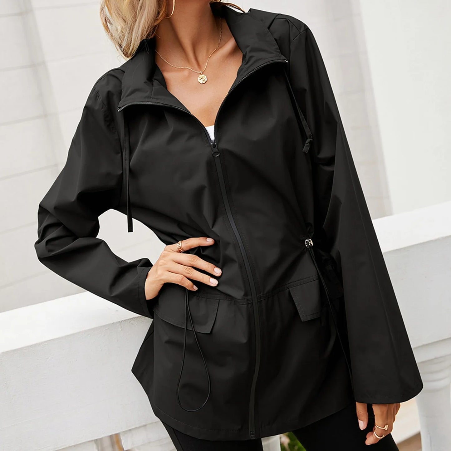 Women's Asymmetric Hooded Windproof Jacket — Plus Size Streetwear Zip-Up Coat with Flare Sleeves
