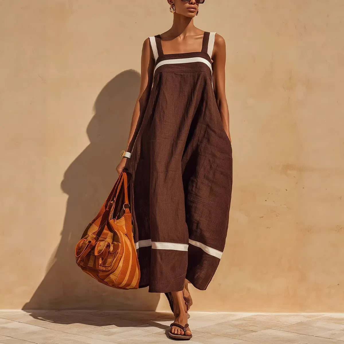 Women's Loose Suspender Dress with Pockets | Solid A-Line Midi Dress | Casual Summer Sleeveless Square Neck Sundress
