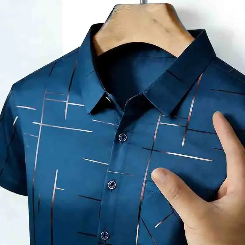 Men's 2026 Geometric Line Print Shirt Short Sleeve with Chest Pocket | 100% Cotton Button-Up Business Casual Daily Office Fashion Top.