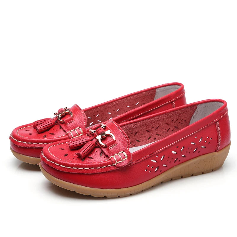 Women's Genuine Leather Loafers Flat Comfort Slip-On Moccasins with Arch Support Wide Sizes EU 41-43 (US 10-12)