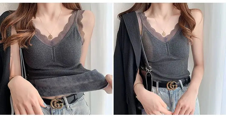 Women's Sleek & Stylish Thermal Lace Vest with Padded Bra for Winter Warmth.