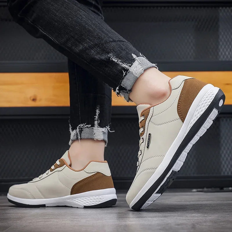 Men's Two-Tone Leather Casual Sneakers — Lightweight Lace-Up Stitching Walking Shoes | EVA Sole Non-Slip Street Style Trainers for Spring & Autumn