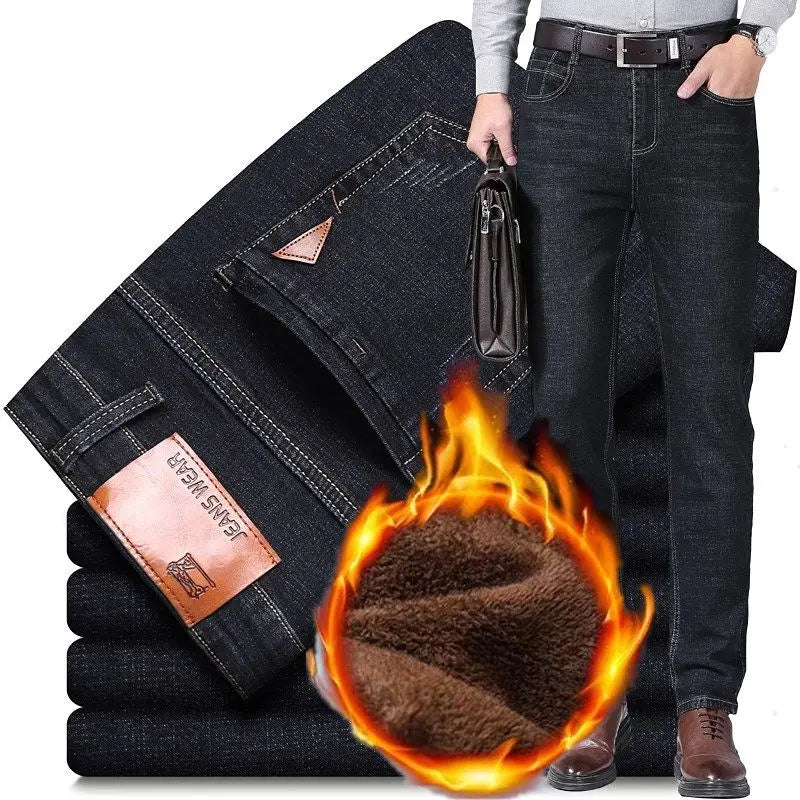 Men's 2024 Winter Fleece-Lined Casual Jeans - Regular Fit