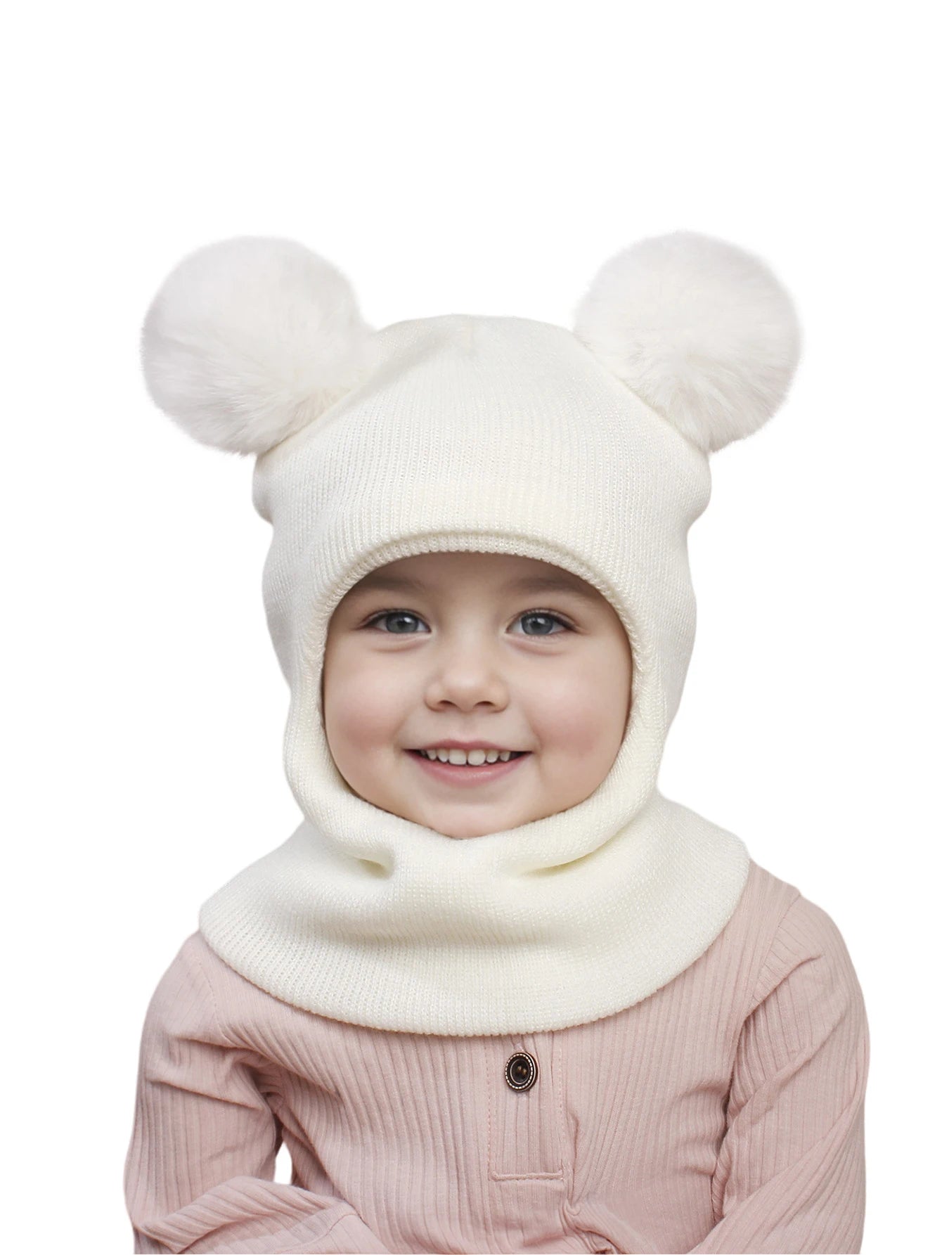 Unisex Adorable Kids Pom Pom Winter Hood - Knitted Hat & Scarf Combo | Cotton Ear-Protecting Balaclava