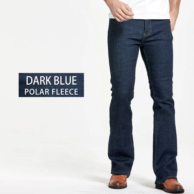 Men's Winter Stretch Fleece Jeans: Warm & Stylish Boot Cut.