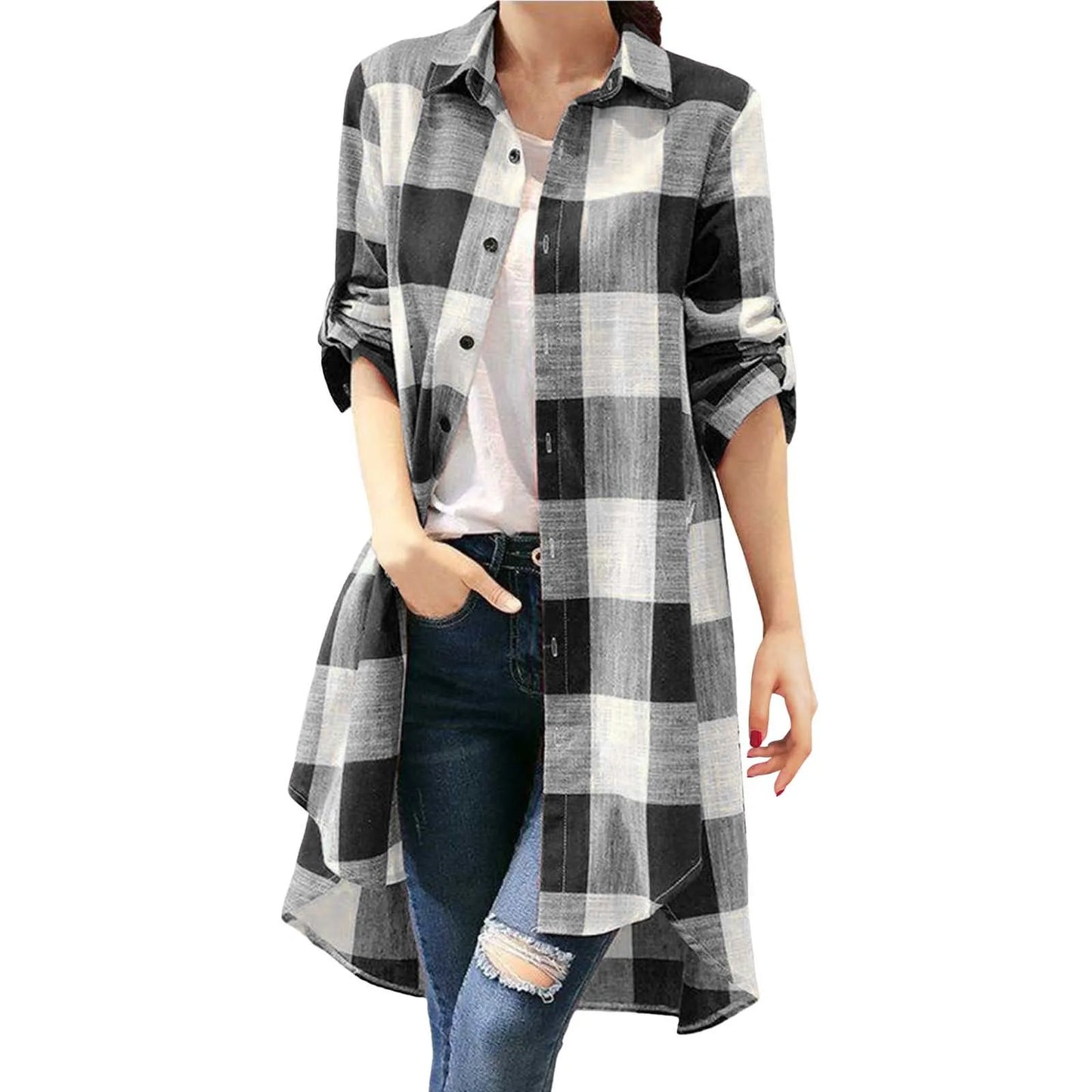 Women's Plaid Longline Shirt — Button-Down Long Sleeve Oversized Tunic Top | 3 Colors