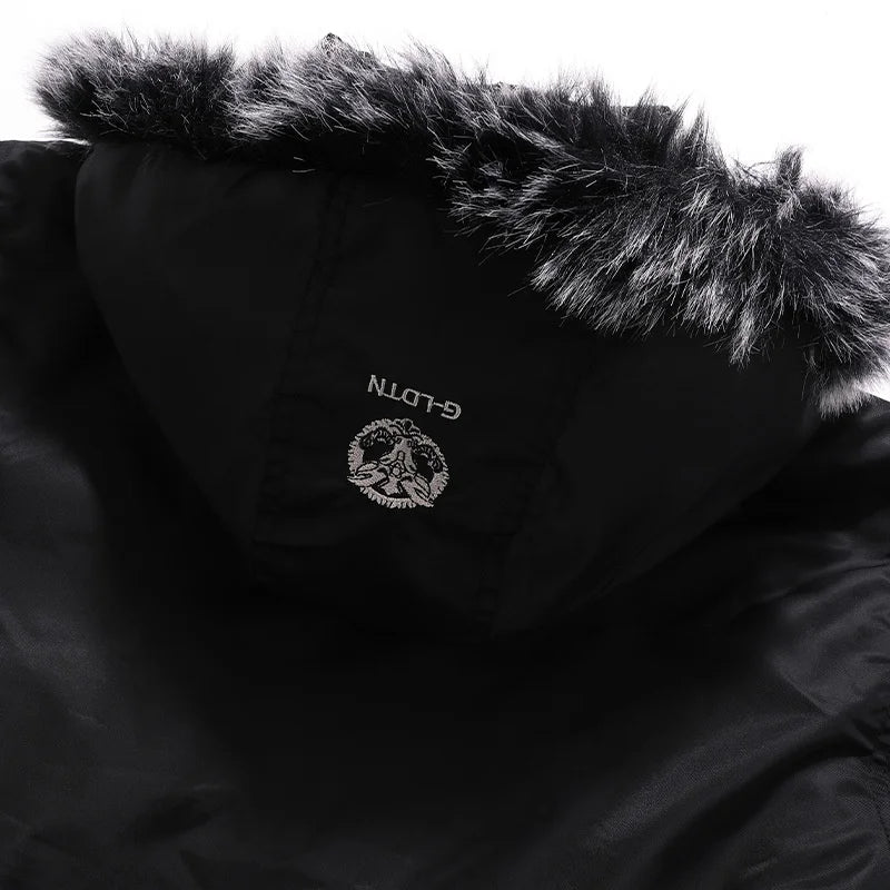 Men's Raw Edge Hooded Aviator Jacket - Winter Warmth with Embroidered Style.