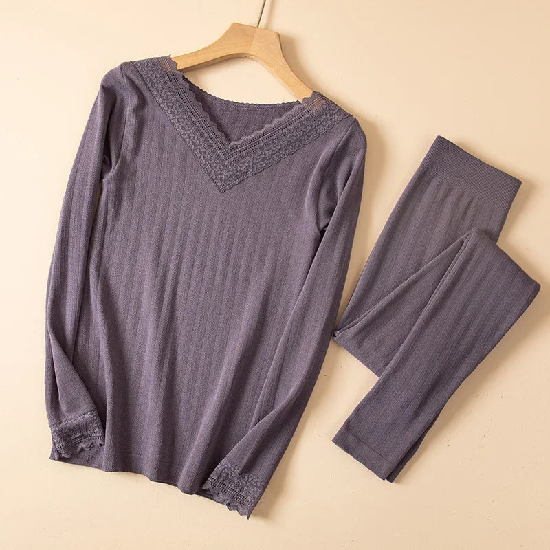 Women's Winter Lace Thermal Underwear Set: Long Sleeve V-Neck Blouse & Slim Fit Pants for Cozy Autumn Style.