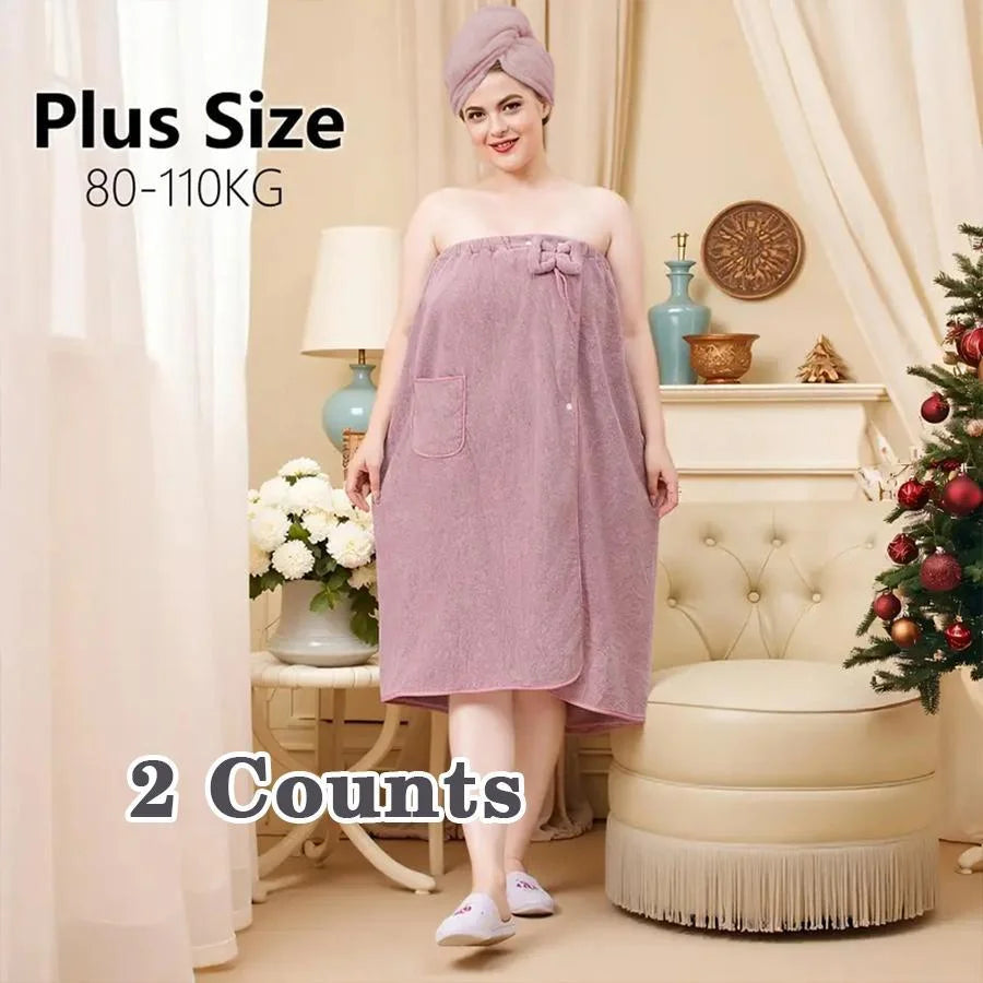 Women's Plus Size Bath Wrap Set (80-110KG) - Soft Microfiber Towel & Hair Cap, 2-Piece