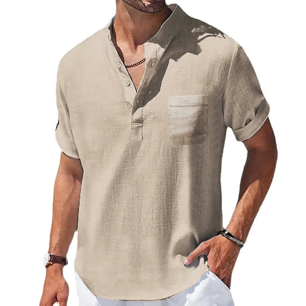 Men's Casual Henley Collar Shirt | Short Sleeve Cotton Linen Summer Top – FURCW