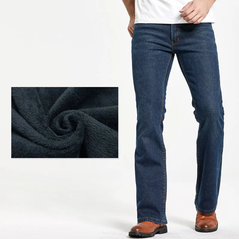 Men's Winter Stretch Fleece Jeans: Warm & Stylish Boot Cut.