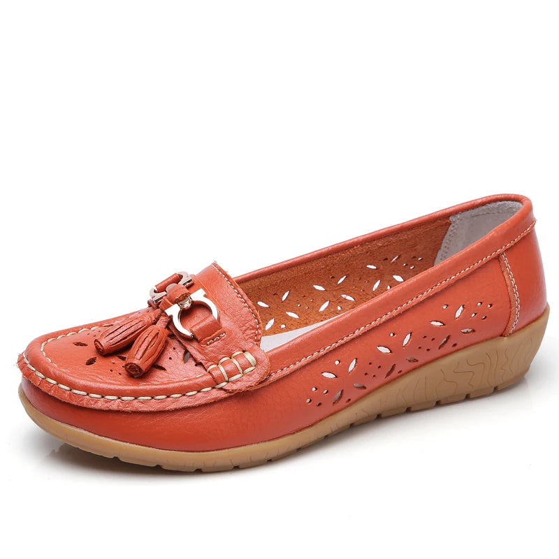Women's Genuine Leather Loafers Flat Comfort Slip-On Moccasins with Arch Support Wide Sizes EU 41-43 (US 10-12)
