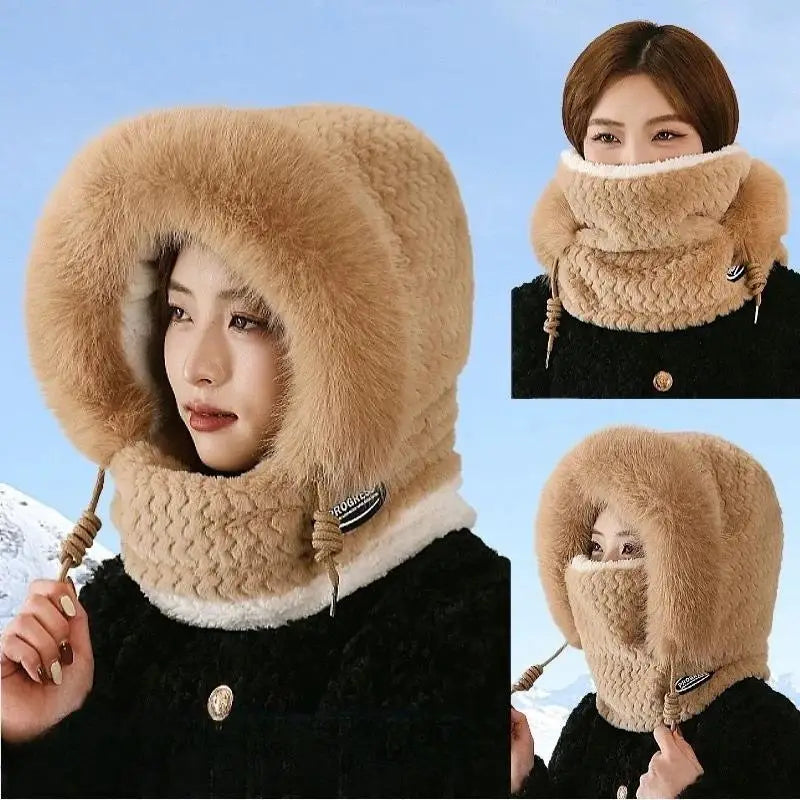 Women's Winter Plush Hood Hat - Windproof Thermal Scarf Mask Cap