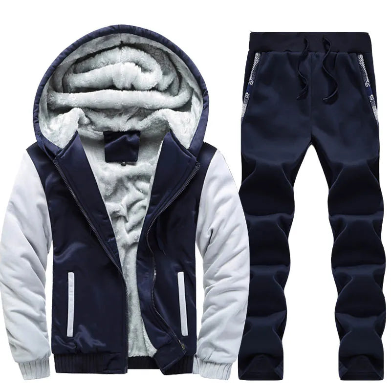 Men's Winter Polyester Set - Warm Hooded Jacket Pants