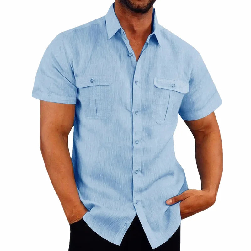 DFKDZG Men's Linen Blend Short-Sleeve Casual Button-Down Shirt | Breathable Summer Beach Style, Plus Size M–4XL