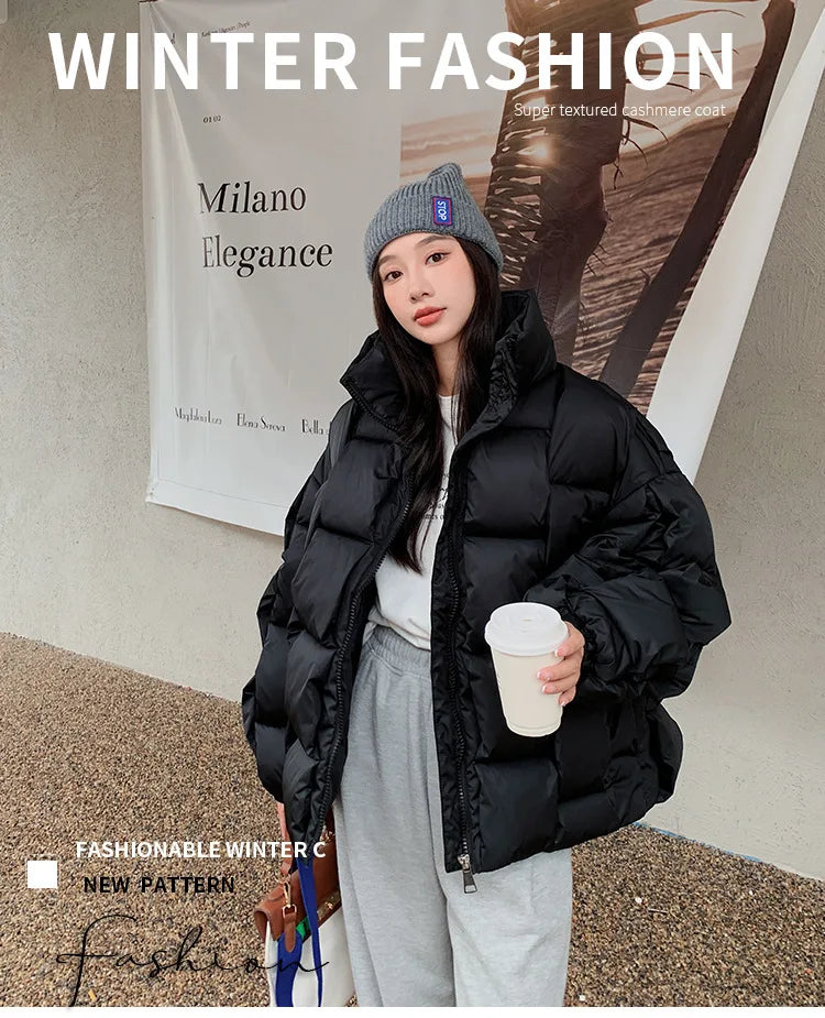 Women's Oversized Puffer Jacket - Warm Cotton Filled Winter Coat with Stand Collar
