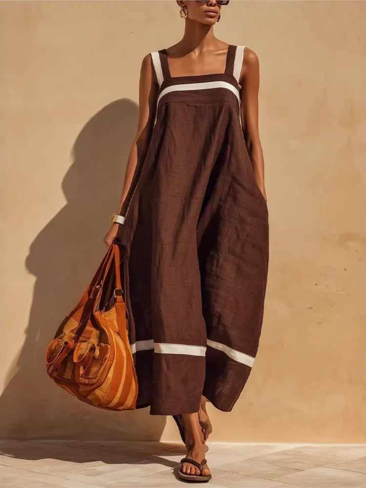 Women's Loose Suspender Dress with Pockets | Solid A-Line Midi Dress | Casual Summer Sleeveless Square Neck Sundress