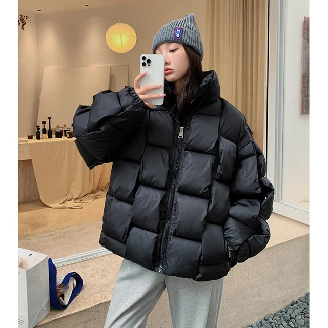 Women's Oversized Puffer Jacket - Warm Cotton Filled Winter Coat with Stand Collar