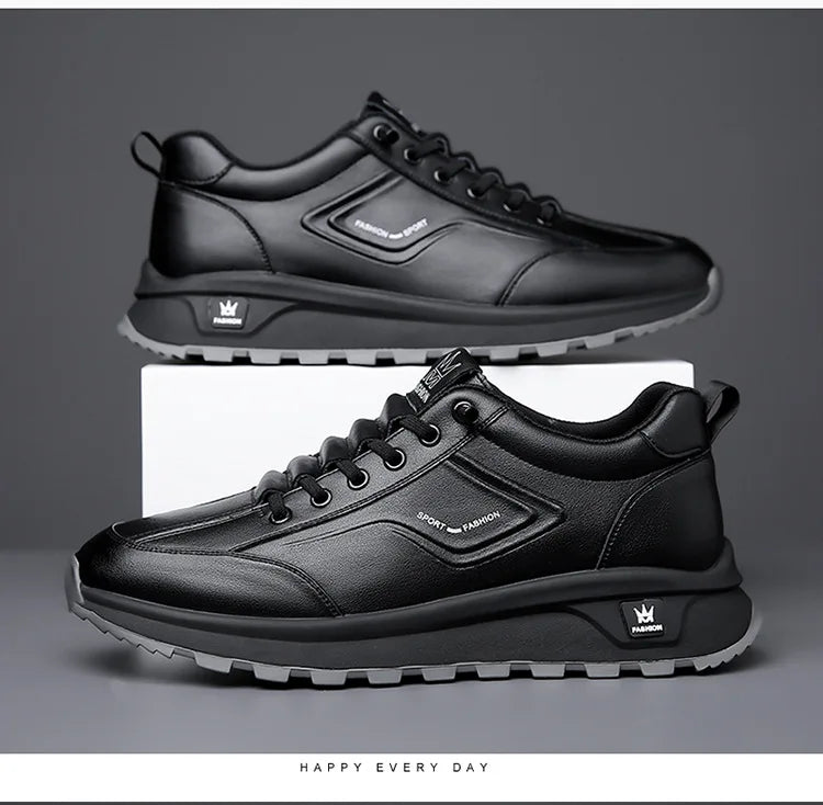 Men's Doefhom Genuine Cow Leather Sneakers — Lace-Up Casual Sport Shoes | Waterproof Outdoor Street Style Trainers for Spring & Autumn